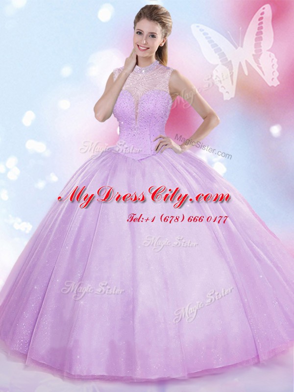 Noble High-neck Sleeveless Tulle Quinceanera Dress Beading Lace Up