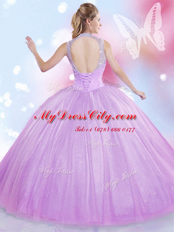 Noble High-neck Sleeveless Tulle Quinceanera Dress Beading Lace Up