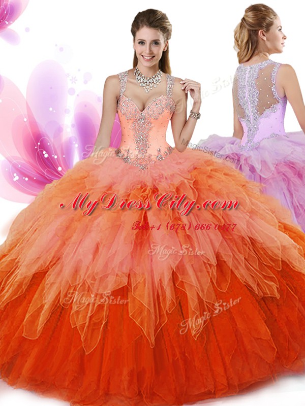 Dynamic Multi-color Ball Gowns Beading and Ruffles Quinceanera Dresses Zipper Tulle Sleeveless Floor Length