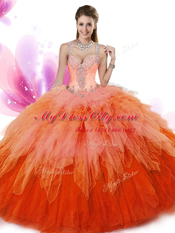 Dynamic Multi-color Ball Gowns Beading and Ruffles Quinceanera Dresses Zipper Tulle Sleeveless Floor Length