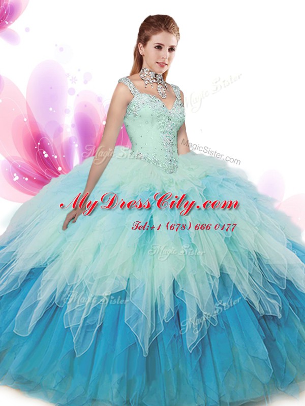 Dynamic Multi-color Ball Gowns Beading and Ruffles Quinceanera Dresses Zipper Tulle Sleeveless Floor Length