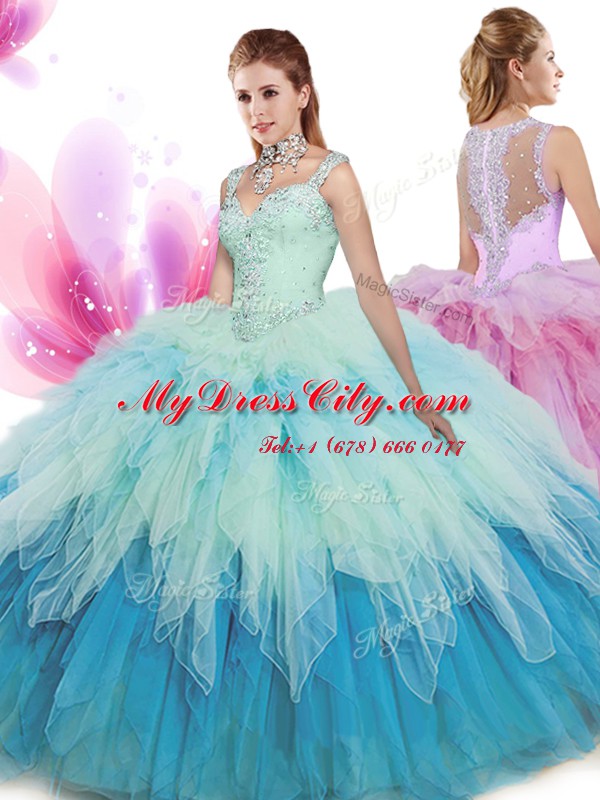 Dynamic Multi-color Ball Gowns Beading and Ruffles Quinceanera Dresses Zipper Tulle Sleeveless Floor Length