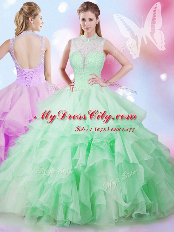 Apple Green Ball Gowns Tulle High-neck Sleeveless Beading and Ruffles Floor Length Lace Up Sweet 16 Quinceanera Dress