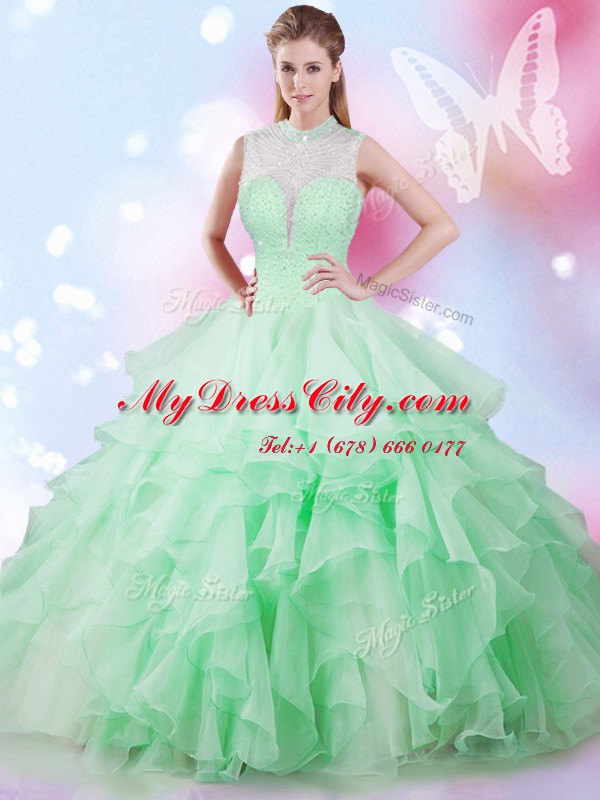 Apple Green Ball Gowns Tulle High-neck Sleeveless Beading and Ruffles Floor Length Lace Up Sweet 16 Quinceanera Dress