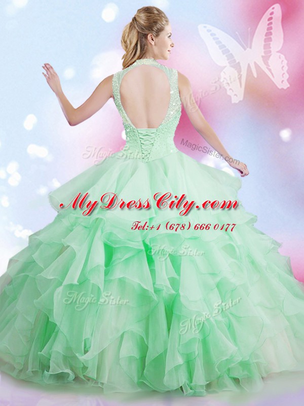 Apple Green Ball Gowns Tulle High-neck Sleeveless Beading and Ruffles Floor Length Lace Up Sweet 16 Quinceanera Dress