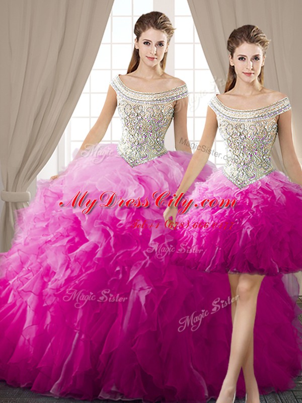 High Class Three Piece Off The Shoulder Sleeveless Organza Quince Ball Gowns Beading and Ruffles Lace Up