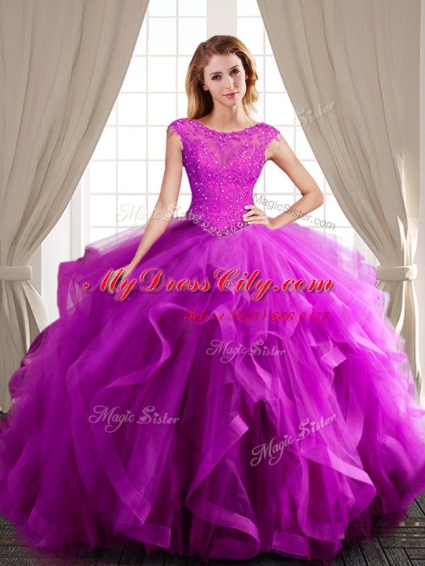 Scoop Fuchsia Tulle Lace Up Sweet 16 Dress Cap Sleeves With Brush Train Beading and Appliques and Ruffles