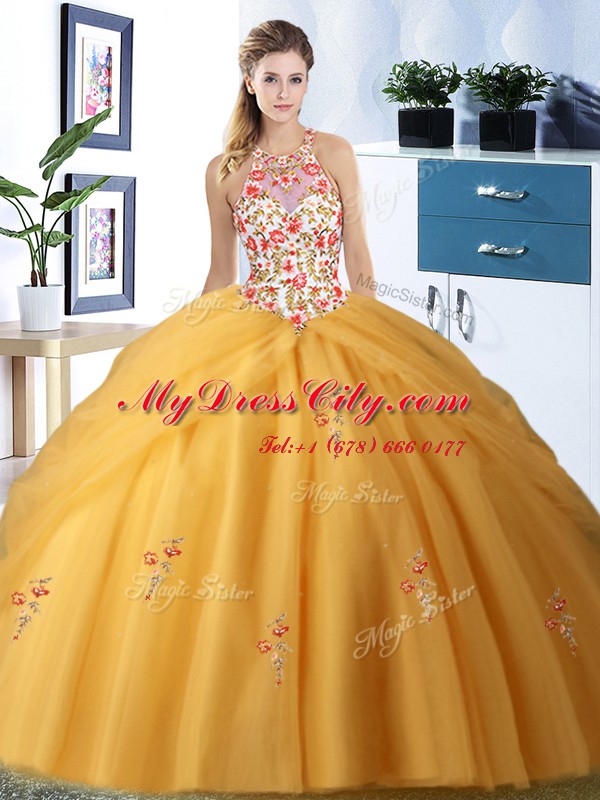 Halter Top Sleeveless Tulle 15 Quinceanera Dress Embroidery and Pick Ups Lace Up