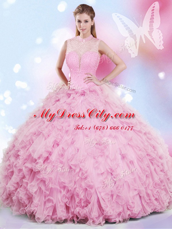 Colorful Halter Top Rose Pink Sleeveless Tulle Lace Up Quince Ball Gowns for Military Ball and Sweet 16 and Quinceanera