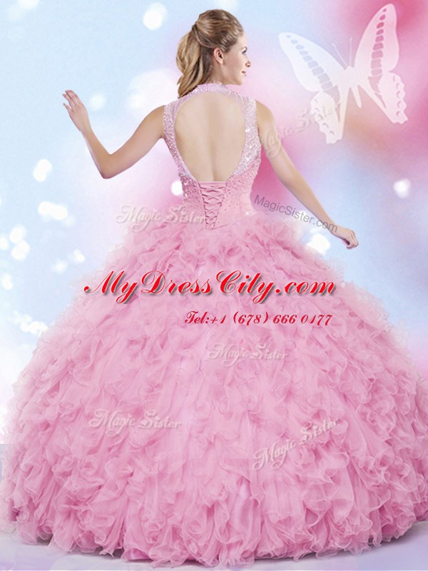 Colorful Halter Top Rose Pink Sleeveless Tulle Lace Up Quince Ball Gowns for Military Ball and Sweet 16 and Quinceanera