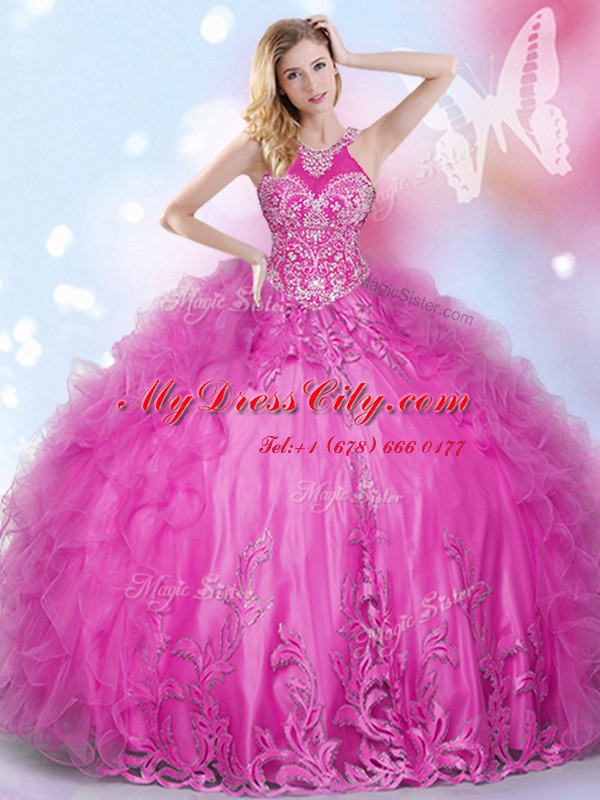 Dazzling Halter Top Sleeveless Tulle Floor Length Lace Up 15th Birthday Dress in Hot Pink with Beading and Appliques and Ruffles