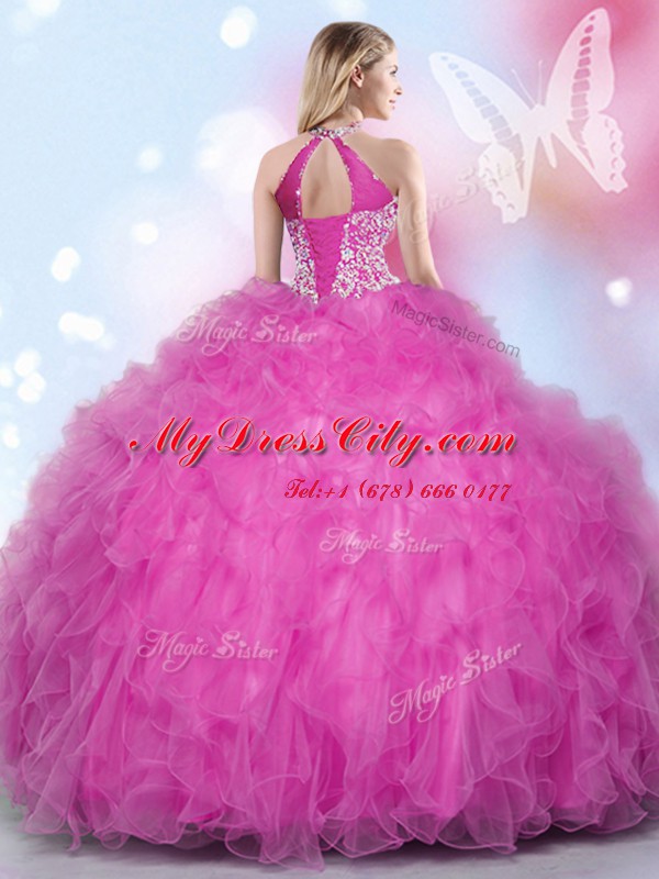 Dazzling Halter Top Sleeveless Tulle Floor Length Lace Up 15th Birthday Dress in Hot Pink with Beading and Appliques and Ruffles