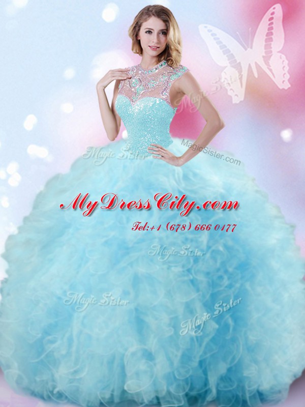 Sexy Beading and Ruffles and Pick Ups 15 Quinceanera Dress Light Blue Zipper Sleeveless Floor Length