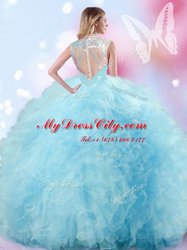 Sexy Beading and Ruffles and Pick Ups 15 Quinceanera Dress Light Blue Zipper Sleeveless Floor Length