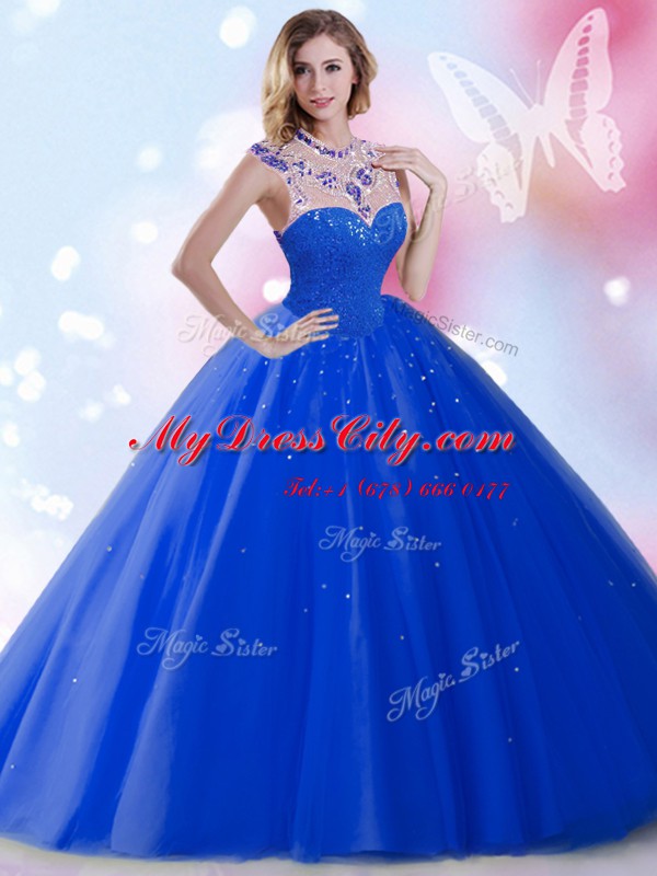 Sequins Floor Length Royal Blue Quinceanera Dresses High-neck Sleeveless Zipper