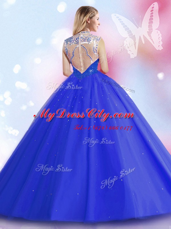 Sequins Floor Length Royal Blue Quinceanera Dresses High-neck Sleeveless Zipper