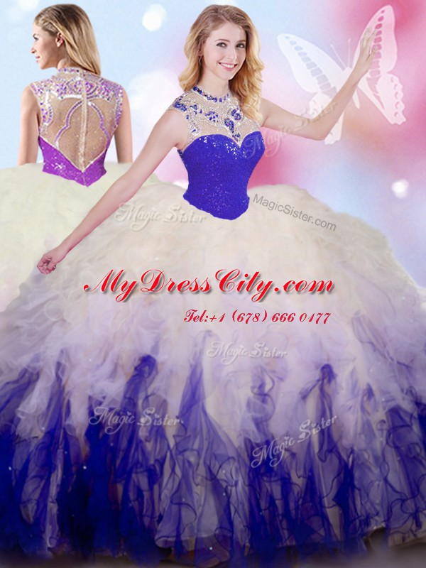 Enchanting Beading and Ruffles Sweet 16 Dress White And Purple Zipper Sleeveless Floor Length