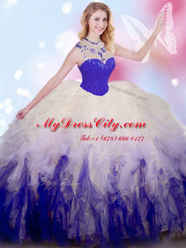 Enchanting Beading and Ruffles Sweet 16 Dress White And Purple Zipper Sleeveless Floor Length