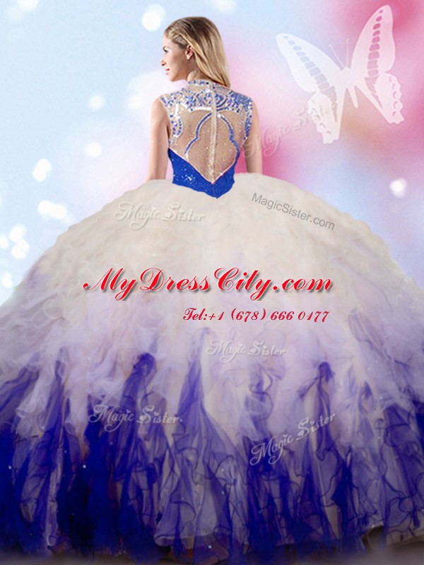 Enchanting Beading and Ruffles Sweet 16 Dress White And Purple Zipper Sleeveless Floor Length