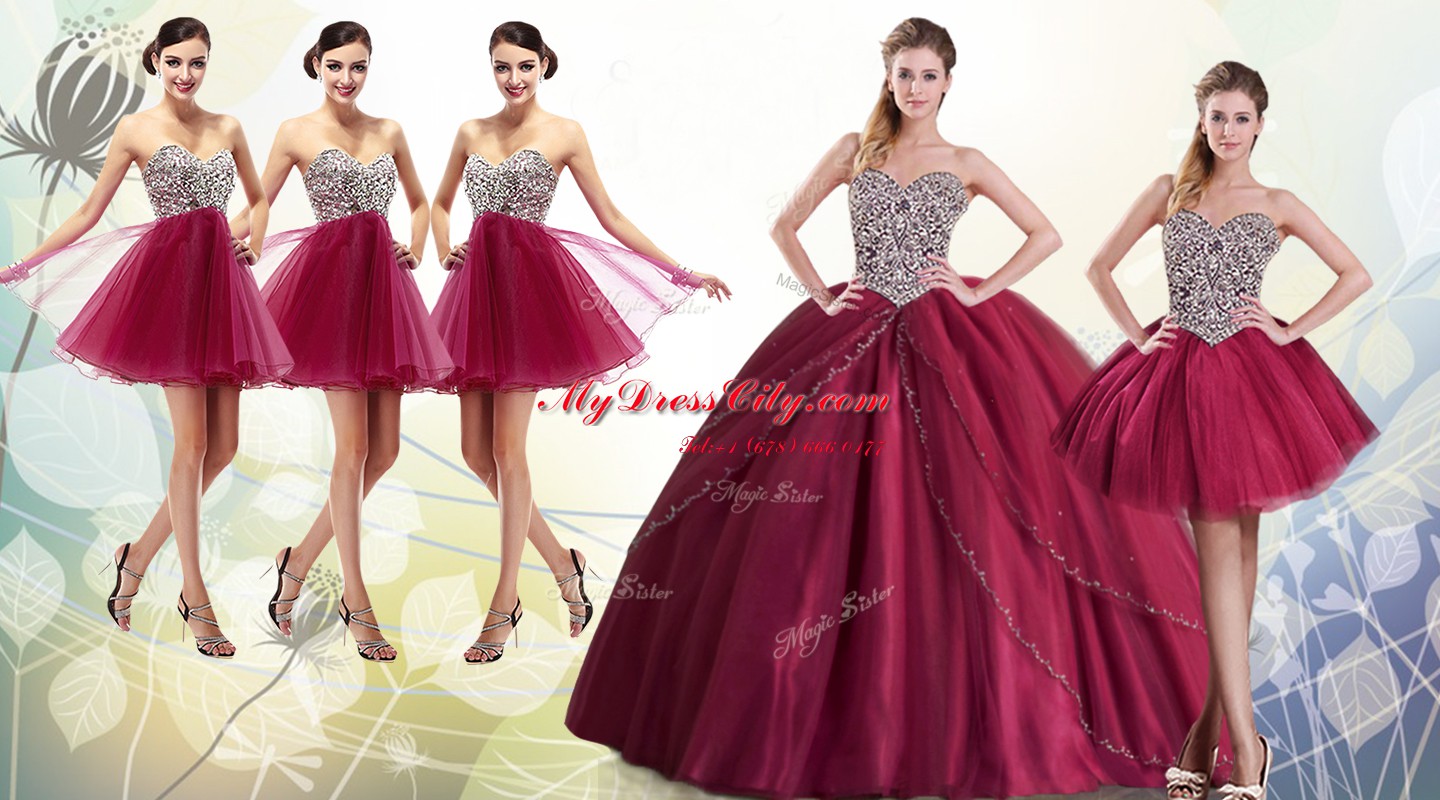 Hot Selling Burgundy Sweetheart Neckline Beading Quinceanera Gowns Sleeveless Lace Up