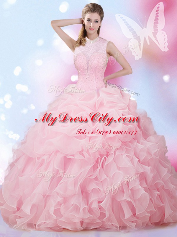 Pick Ups Floor Length Ball Gowns Sleeveless Baby Pink Vestidos de Quinceanera Lace Up