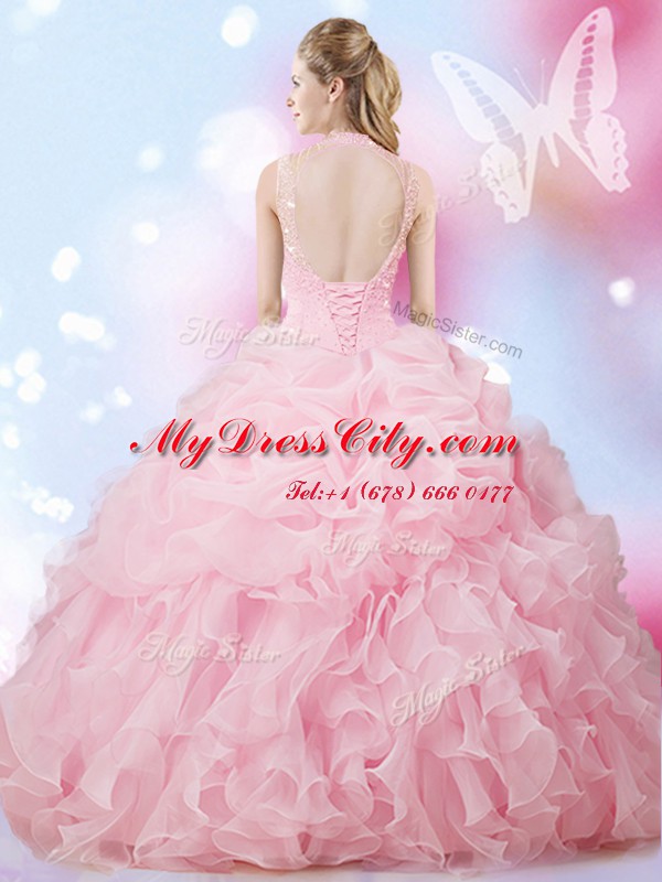 Pick Ups Floor Length Ball Gowns Sleeveless Baby Pink Vestidos de Quinceanera Lace Up