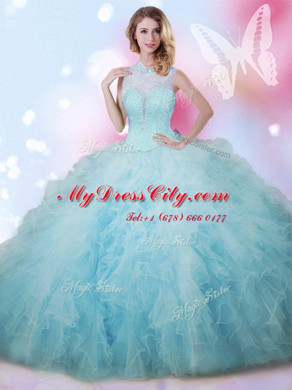 Perfect High-neck Sleeveless Tulle Vestidos de Quinceanera Beading and Ruffles Lace Up