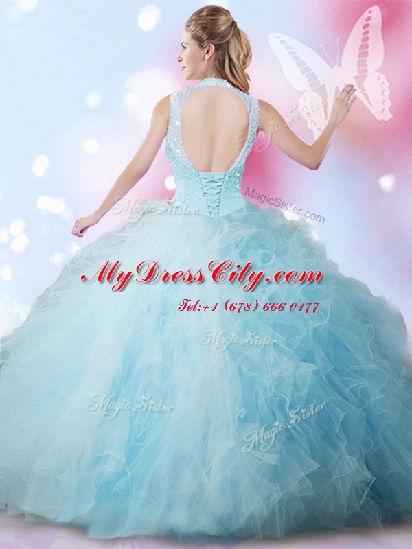 Perfect High-neck Sleeveless Tulle Vestidos de Quinceanera Beading and Ruffles Lace Up