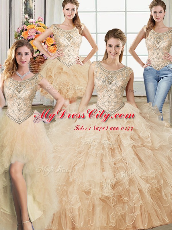 Eye-catching Four Piece Scoop Floor Length Ball Gowns Sleeveless Champagne 15th Birthday Dress Lace Up