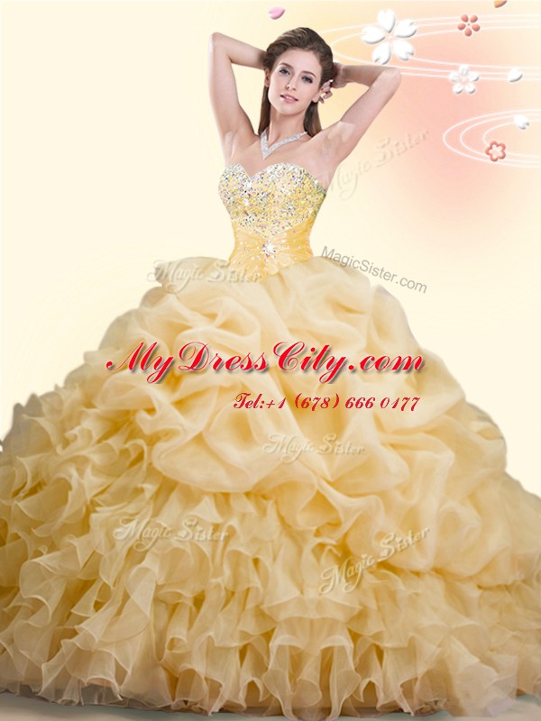 Gold Sweetheart Lace Up Beading and Ruffles and Pick Ups Sweet 16 Quinceanera Dress Brush Train Sleeveless