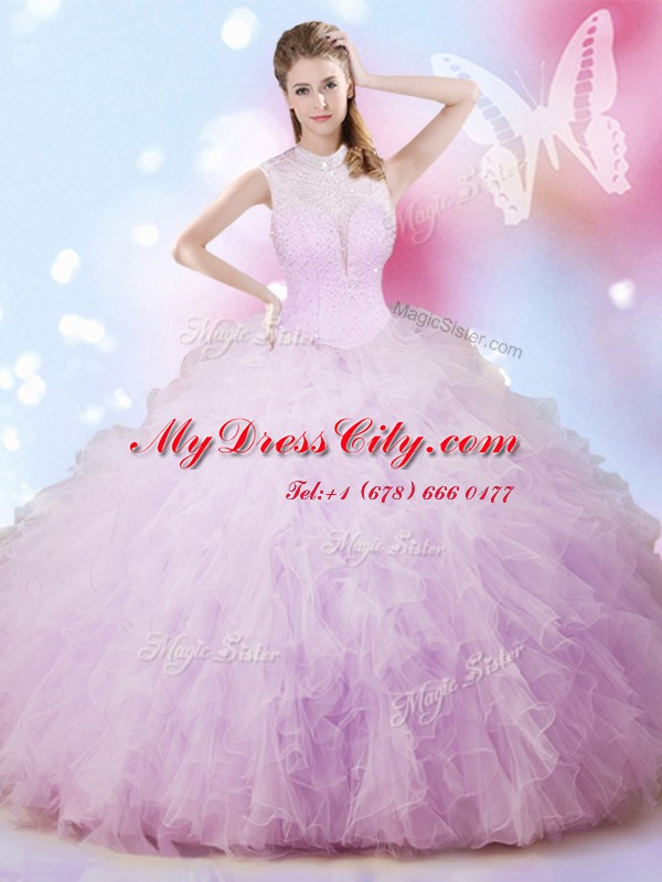 High-neck Sleeveless Lace Up Vestidos de Quinceanera Lavender Tulle