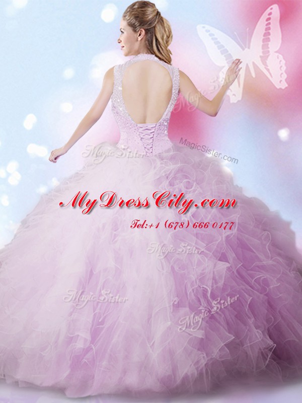 High-neck Sleeveless Lace Up Vestidos de Quinceanera Lavender Tulle