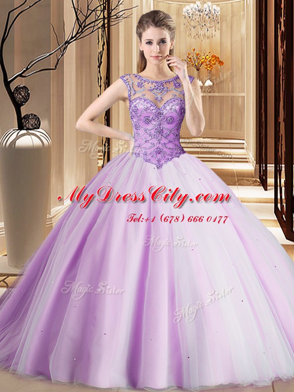 Amazing Scoop Lace Up Vestidos de Quinceanera Lavender for Military Ball and Sweet 16 and Quinceanera with Beading Brush Train