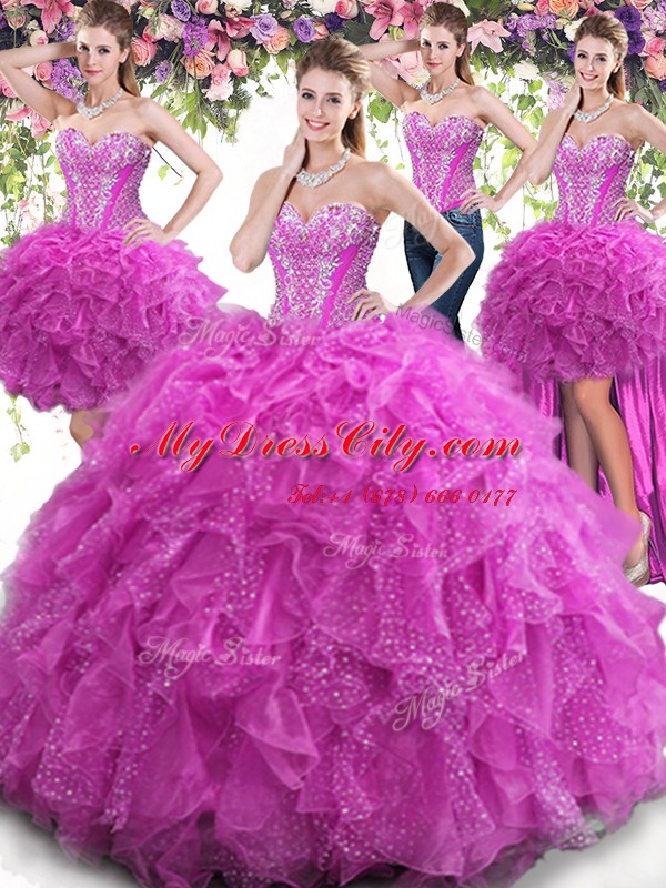 Customized Four Piece Sweetheart Sleeveless 15 Quinceanera Dress Floor Length Beading and Ruffles Fuchsia Tulle