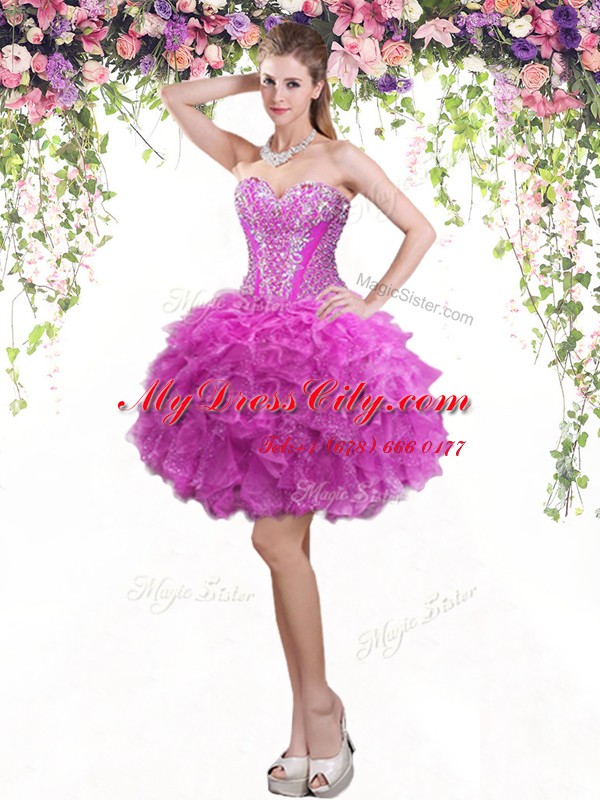 Customized Four Piece Sweetheart Sleeveless 15 Quinceanera Dress Floor Length Beading and Ruffles Fuchsia Tulle