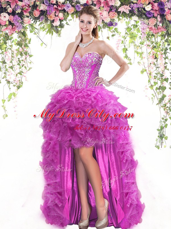 Customized Four Piece Sweetheart Sleeveless 15 Quinceanera Dress Floor Length Beading and Ruffles Fuchsia Tulle