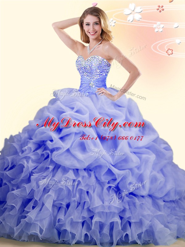 Romantic With Train Lace Up Quinceanera Gowns Lavender for Military Ball and Sweet 16 and Quinceanera with Beading and Ruffles and Pick Ups Brush Train