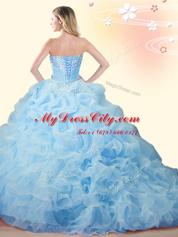 Romantic With Train Lace Up Quinceanera Gowns Lavender for Military Ball and Sweet 16 and Quinceanera with Beading and Ruffles and Pick Ups Brush Train