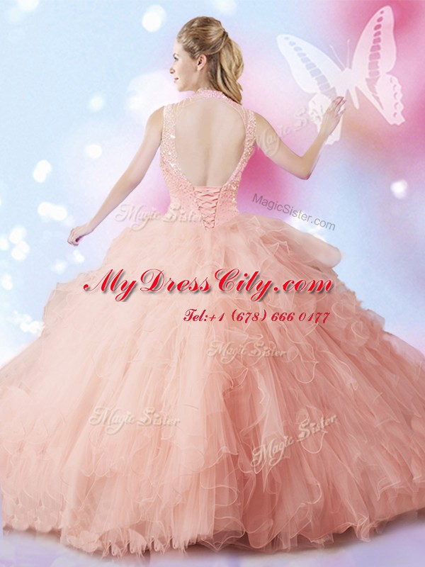 High-neck Sleeveless Lace Up Quinceanera Dresses Peach Tulle