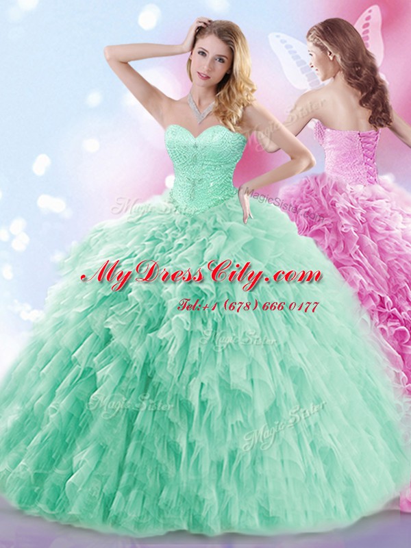 Dynamic Sleeveless With Train Beading and Ruffles Lace Up Ball Gown Prom Dress with Apple Green Brush Train