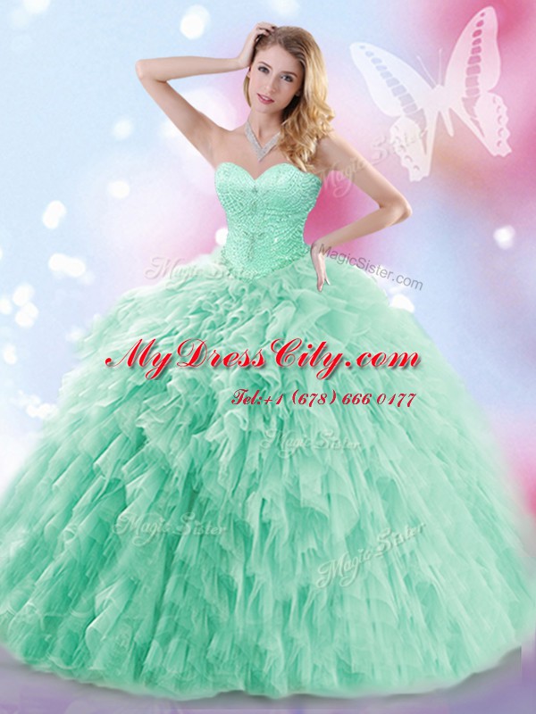 Dynamic Sleeveless With Train Beading and Ruffles Lace Up Ball Gown Prom Dress with Apple Green Brush Train