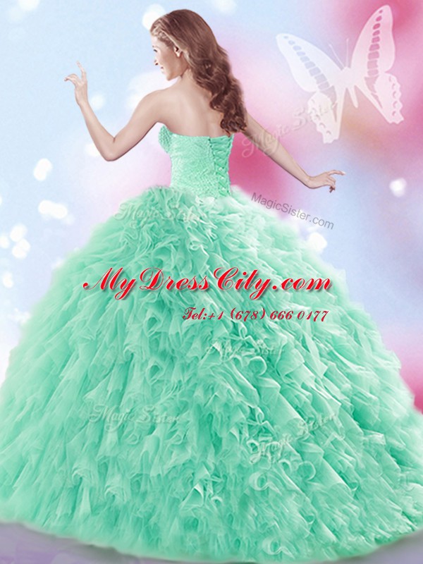 Dynamic Sleeveless With Train Beading and Ruffles Lace Up Ball Gown Prom Dress with Apple Green Brush Train