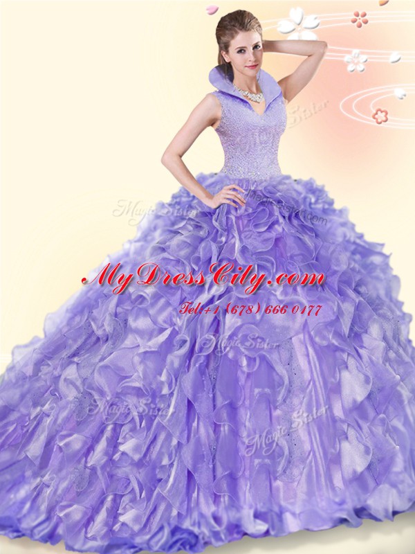 Customized Lavender Vestidos de Quinceanera High-neck Sleeveless Brush Train Backless