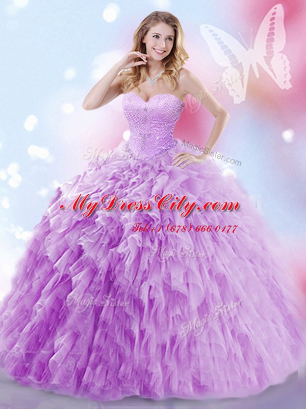 Lavender Sweetheart Lace Up Beading and Ruffles Sweet 16 Dress Brush Train Sleeveless