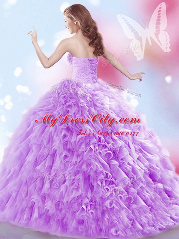 Lavender Sweetheart Lace Up Beading and Ruffles Sweet 16 Dress Brush Train Sleeveless