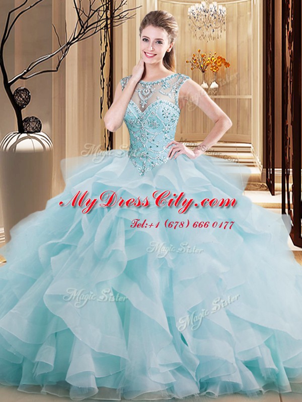 Adorable Light Blue Sweet 16 Quinceanera Dress Scoop Sleeveless Brush Train Lace Up