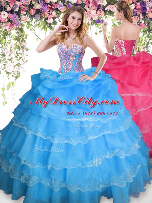 Admirable Baby Blue Organza Lace Up Quinceanera Dress Sleeveless Floor Length Beading and Ruffled Layers and Pick Ups