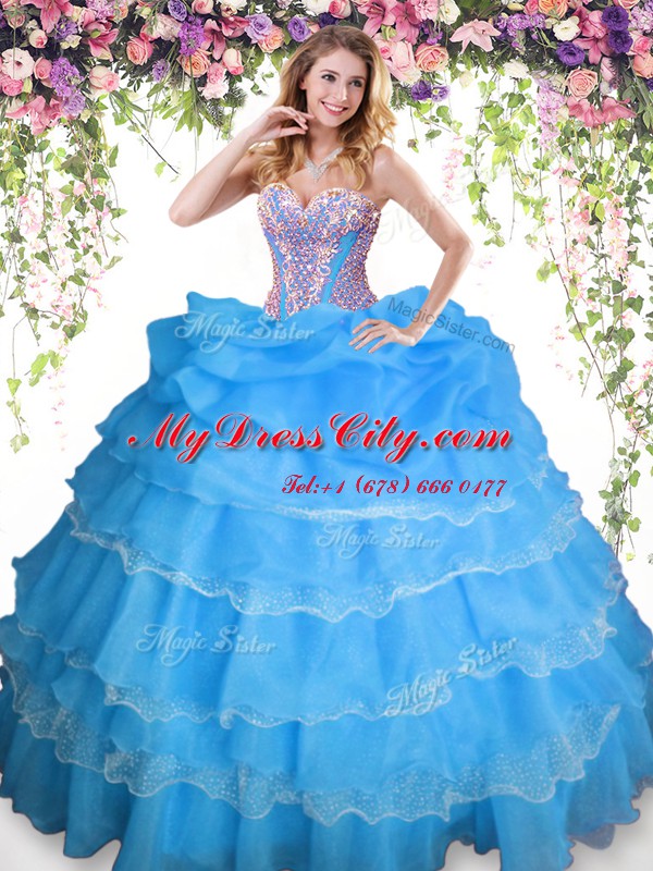 Admirable Baby Blue Organza Lace Up Quinceanera Dress Sleeveless Floor Length Beading and Ruffled Layers and Pick Ups