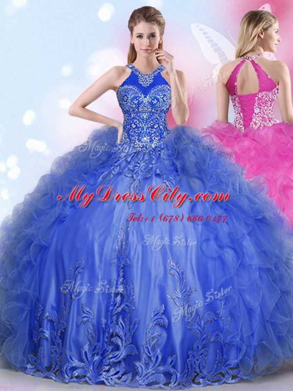 Royal Blue Halter Top Lace Up Appliques and Ruffles 15 Quinceanera Dress Sleeveless