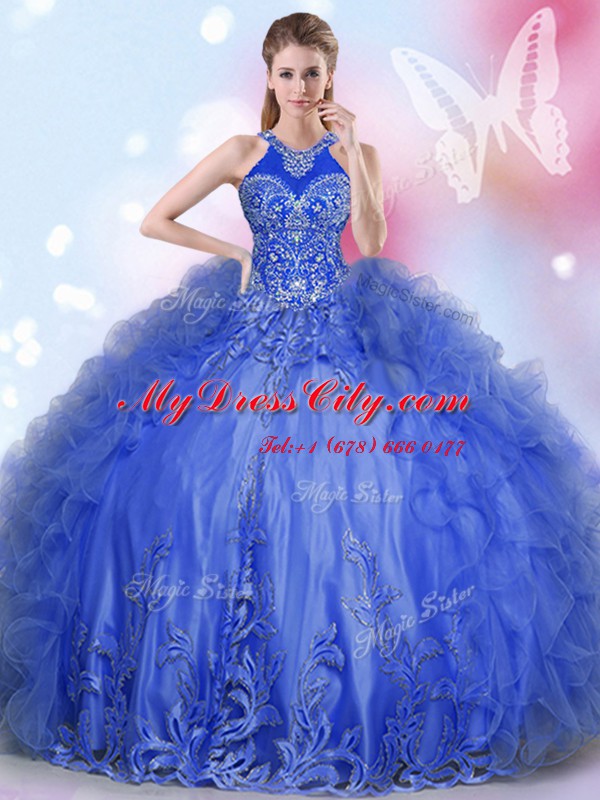 Royal Blue Halter Top Lace Up Appliques and Ruffles 15 Quinceanera Dress Sleeveless